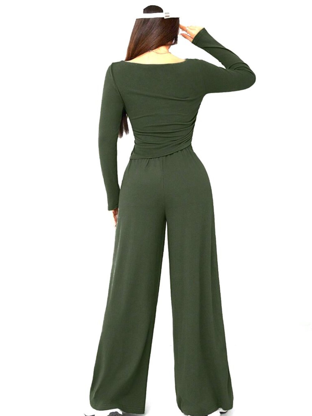 Petite Olive Green Two Piece Lounge Set Boat Neck Wide Leg Pants Large - Picture 5 of 5